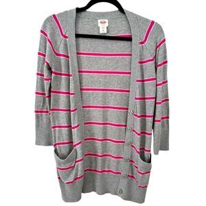 Mossimo Cardigan Sweater Pink Gray Striped Slim Fit 3/4 Sleeve Size XS